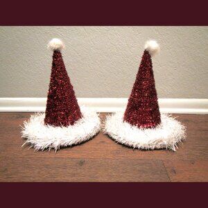 Pair of Sparkly Tinsel Christmas Santa Hat Cone Shaped Tabletop Tree 11"